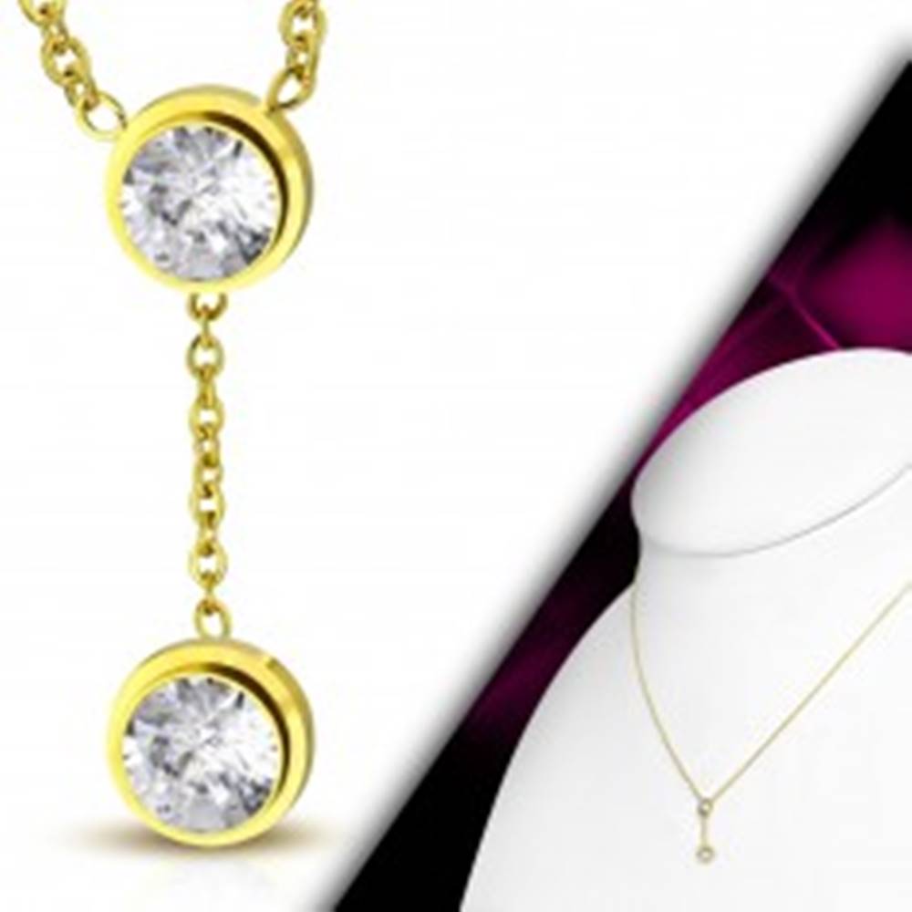 Šperky eshop Náhrdelník zlatej farby, oceľ 316L, jemná retiazka, dva číre zirkóny v objímkach