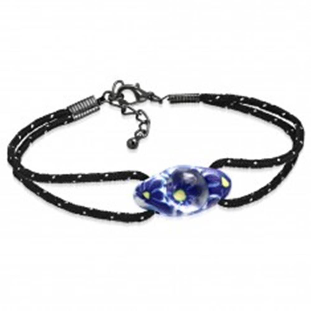 Šperky eshop Náramok z čiernej šnúrky a oválnej FIMO korálky, modré kvety - Dĺžka: 190 mm