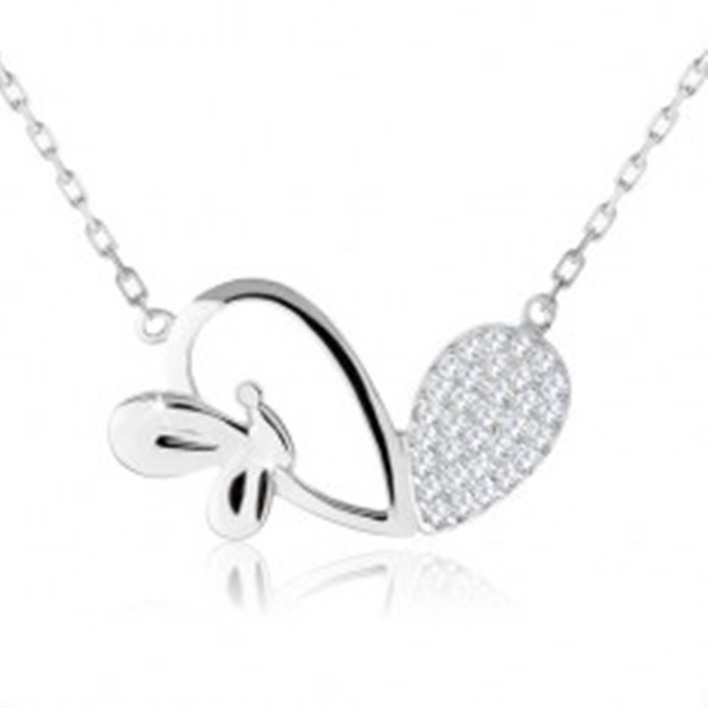 Šperky eshop Nastaviteľný náhrdelník, asymetrické srdce, lesklý motýlik, striebro 925