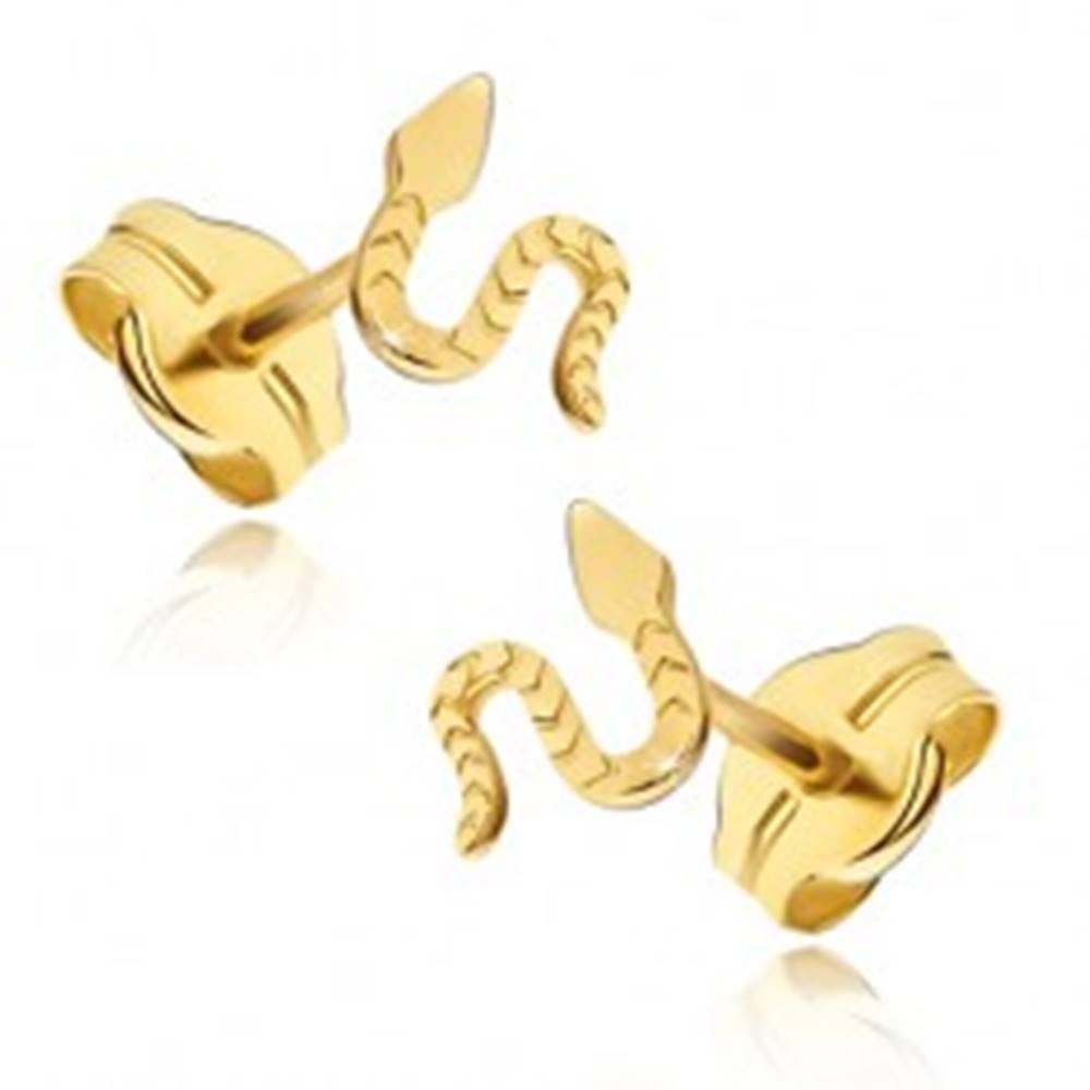 Šperky eshop Náušnice zo žltého 14K zlata - lesklý plaziaci sa had, ryhovaný povrch