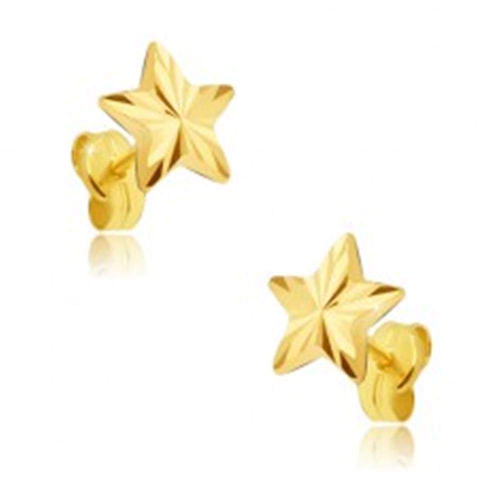 Šperky eshop Náušnice zo žltého 14K zlata - päťcípa ligotavá hviezda, lúčovité ryhy