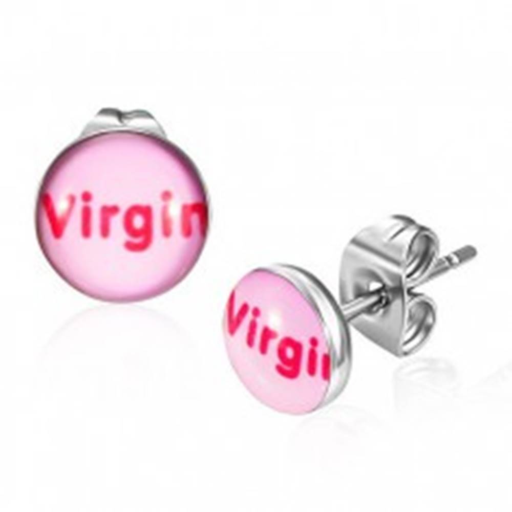 Šperky eshop Oceľové náušnice - ružové s nápisom Virgin