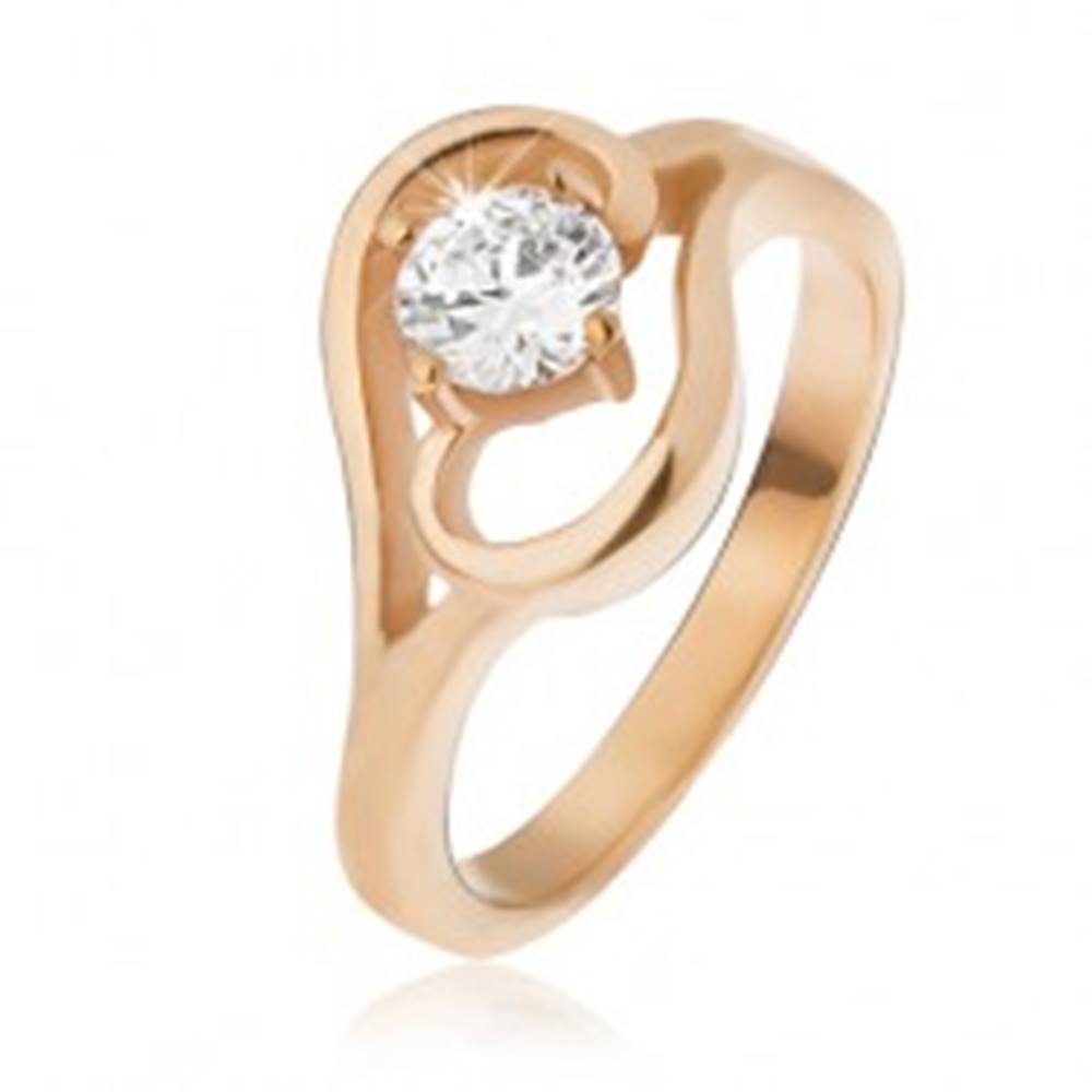 Šperky eshop Oceľový prsteň zlatej farby, ramená ukončené vlnkou, číry zirkón - Veľkosť: 49 mm