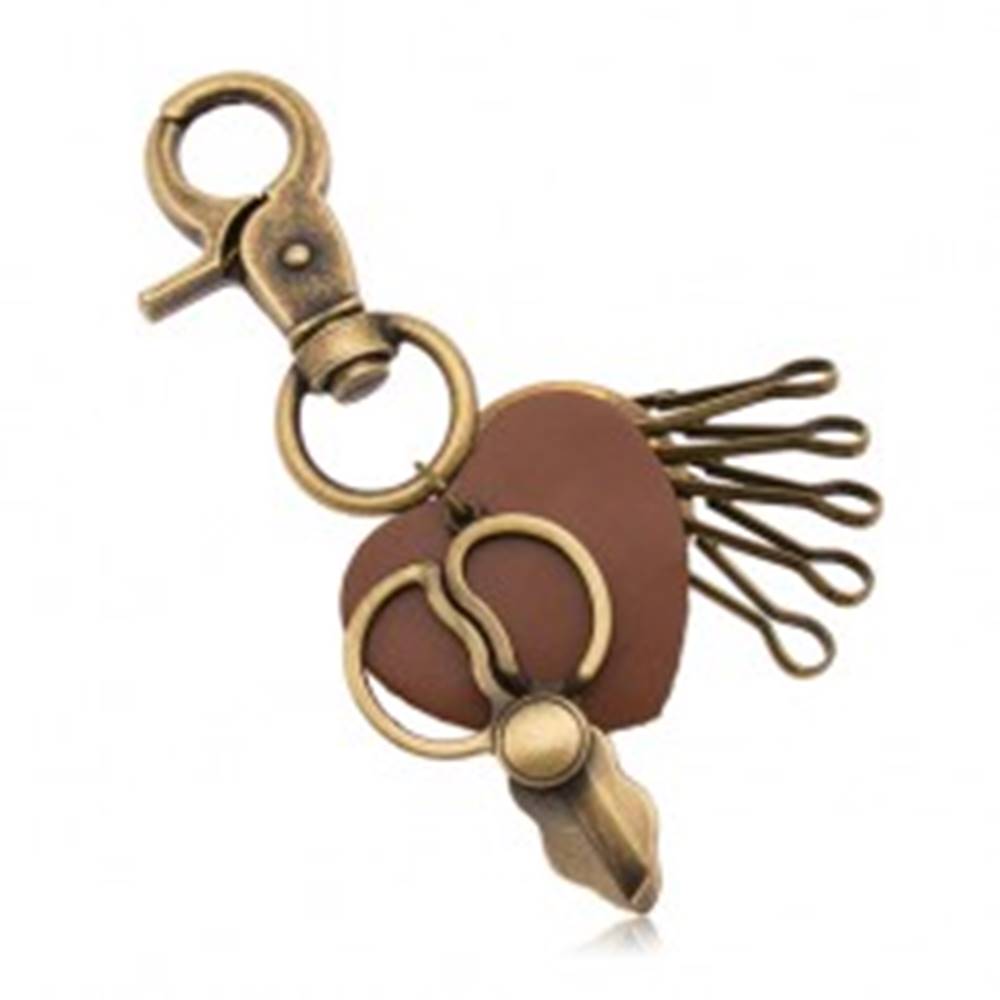 Šperky eshop Patinovaný prívesok na kľúče, mosadzný odtieň, nožnice a hnedé srdiečko