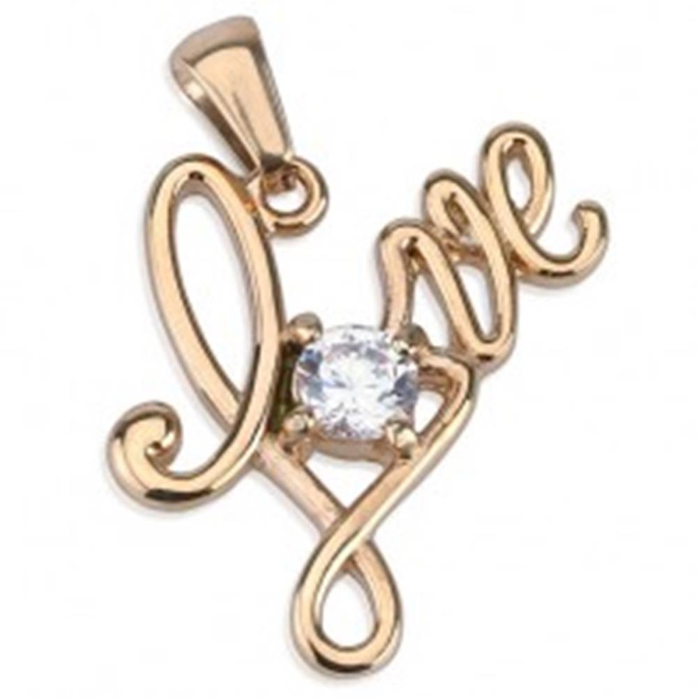 Šperky eshop Prívesok z chirurgickej ocele, nápis "Love" medenej farby, okrúhly číry zirkón
