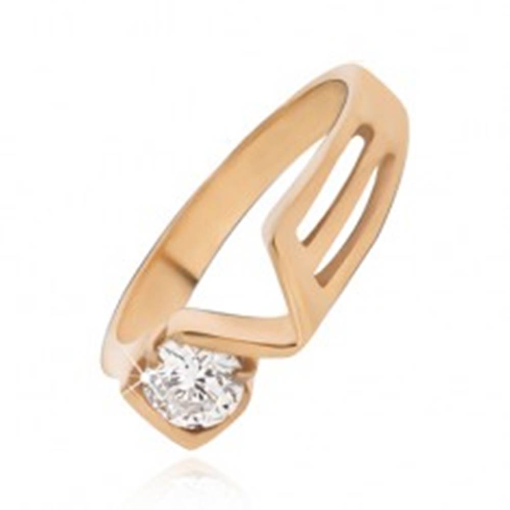 Šperky eshop Prsteň zlatej farby z ocele s čírym zirkónom, LOVE - Veľkosť: 49 mm