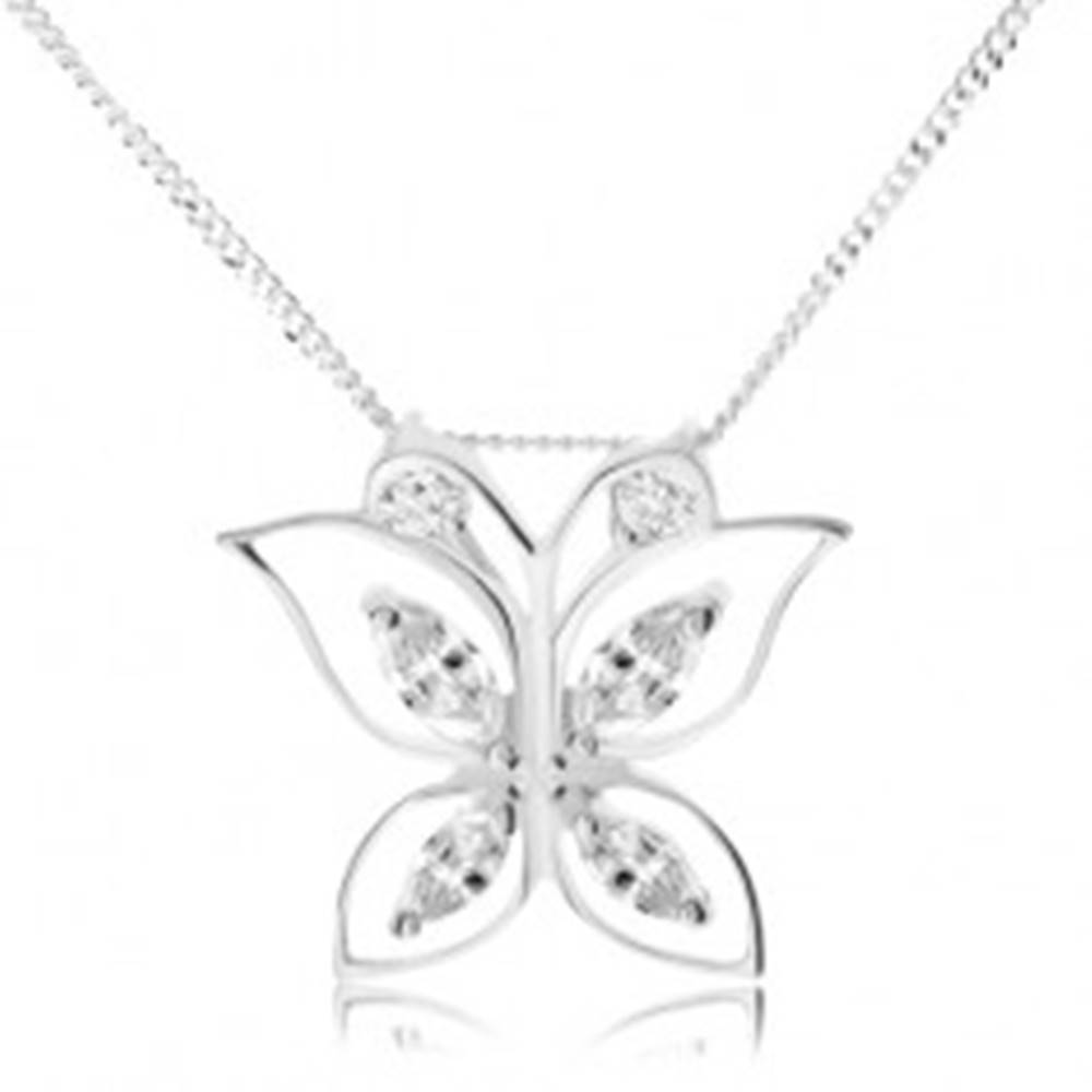 Šperky eshop Strieborný 925 náhrdelník, trblietavý motýľ, číre zirkóny v obrysoch krídel