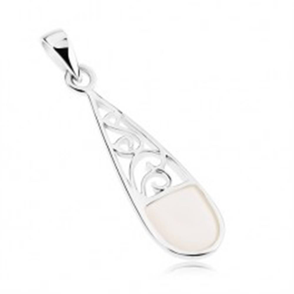 Šperky eshop Strieborný prívesok 925, kvapka so špirálami a bielou perleťou