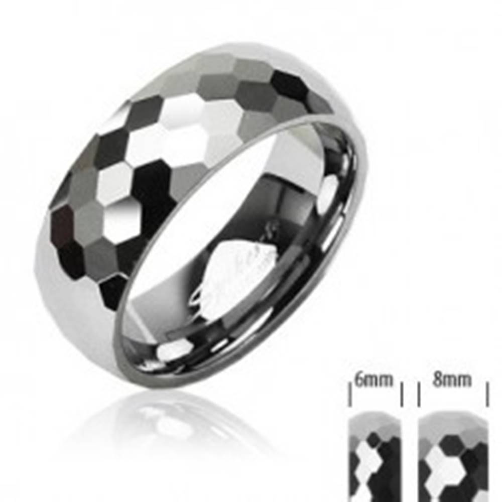 Šperky eshop Wolfrámový prsteň striebornej farby, brúsené lesklé šesťhrany, 6 mm - Veľkosť: 49 mm