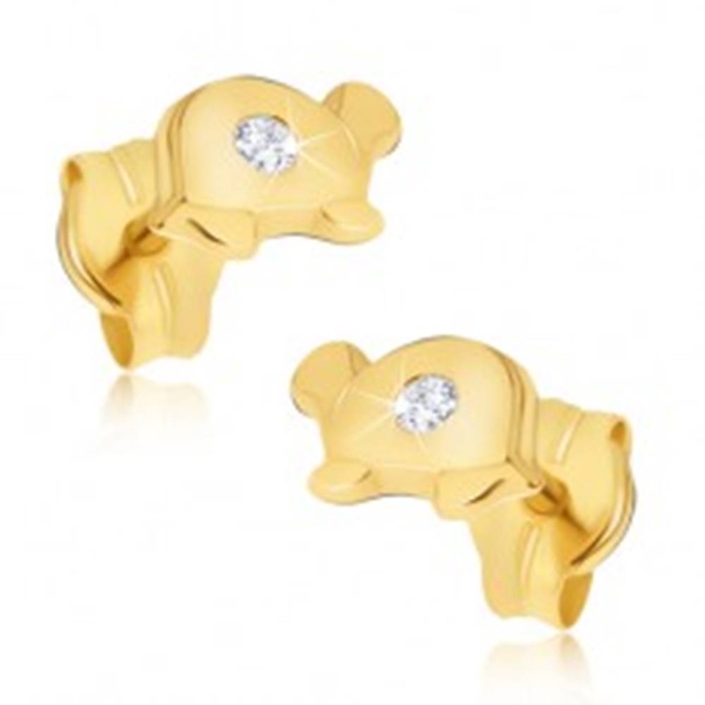 Šperky eshop Zlaté náušnice 585 - malé lesklé korytnačky s čírym kamienkom na pancieri