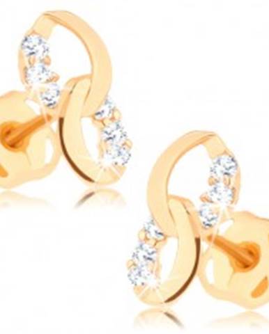 Náušnice zo žltého 14K zlata - dve prepojené elipsy, línie čírych diamantov