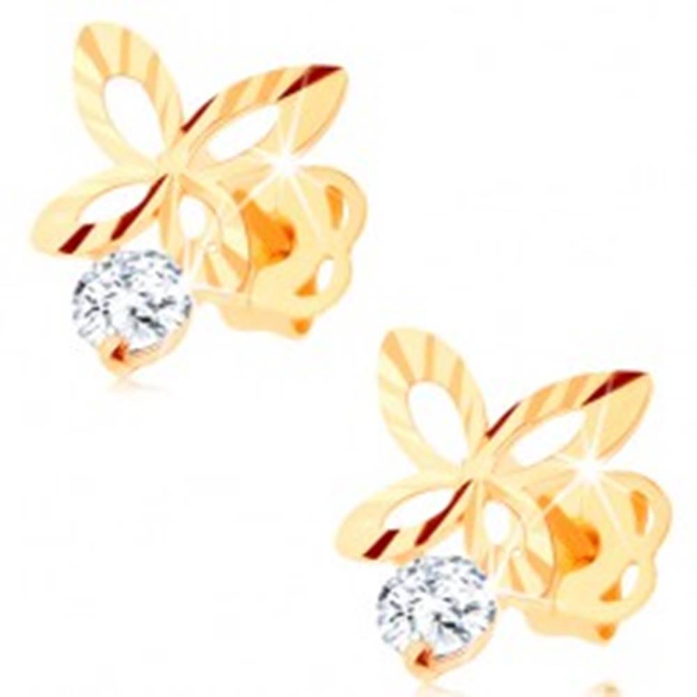 Šperky eshop Briliantové zlaté náušnice 585 - ligotavý obrys motýľa, číry diamant