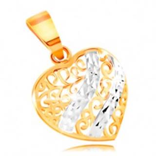 Zlatý prívesok 585 - vypuklé srdce zdobené filigránom a vlnkami z bieleho zlata