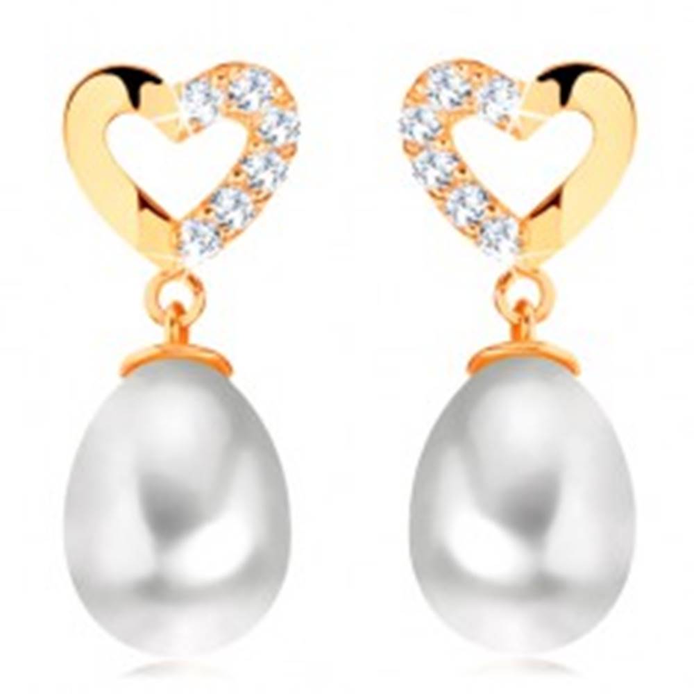 Šperky eshop Diamantové náušnice zo žltého 14K zlata - kontúra srdca s briliantmi, oválna perla