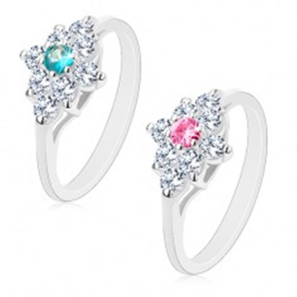 Šperky eshop Ligotavý prsteň, lesklé zúžené ramená, číry kosoštvorec s farebným stredom - Veľkosť: 58 mm, Farba: Ružová