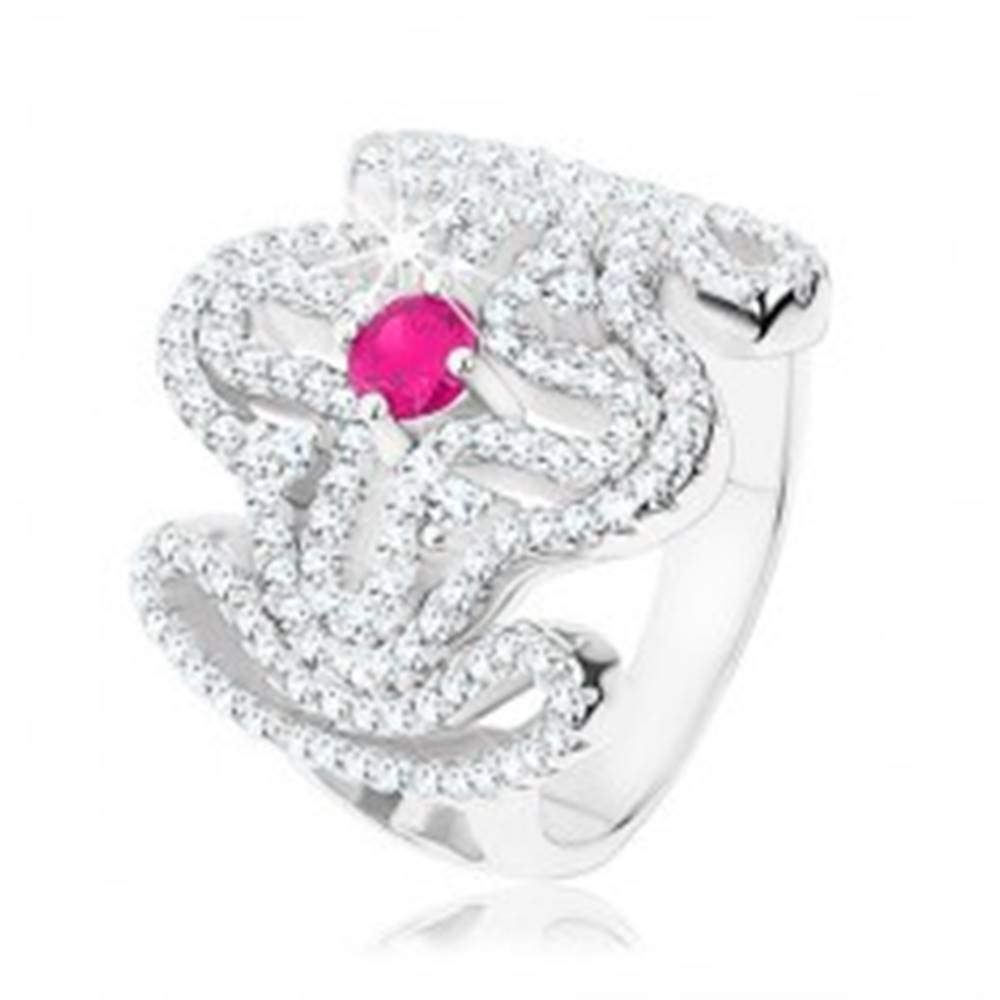 Šperky eshop Mohutný prsteň, striebro 925, číry zirkónový kríž, ružový zirkón v strede - Veľkosť: 53 mm