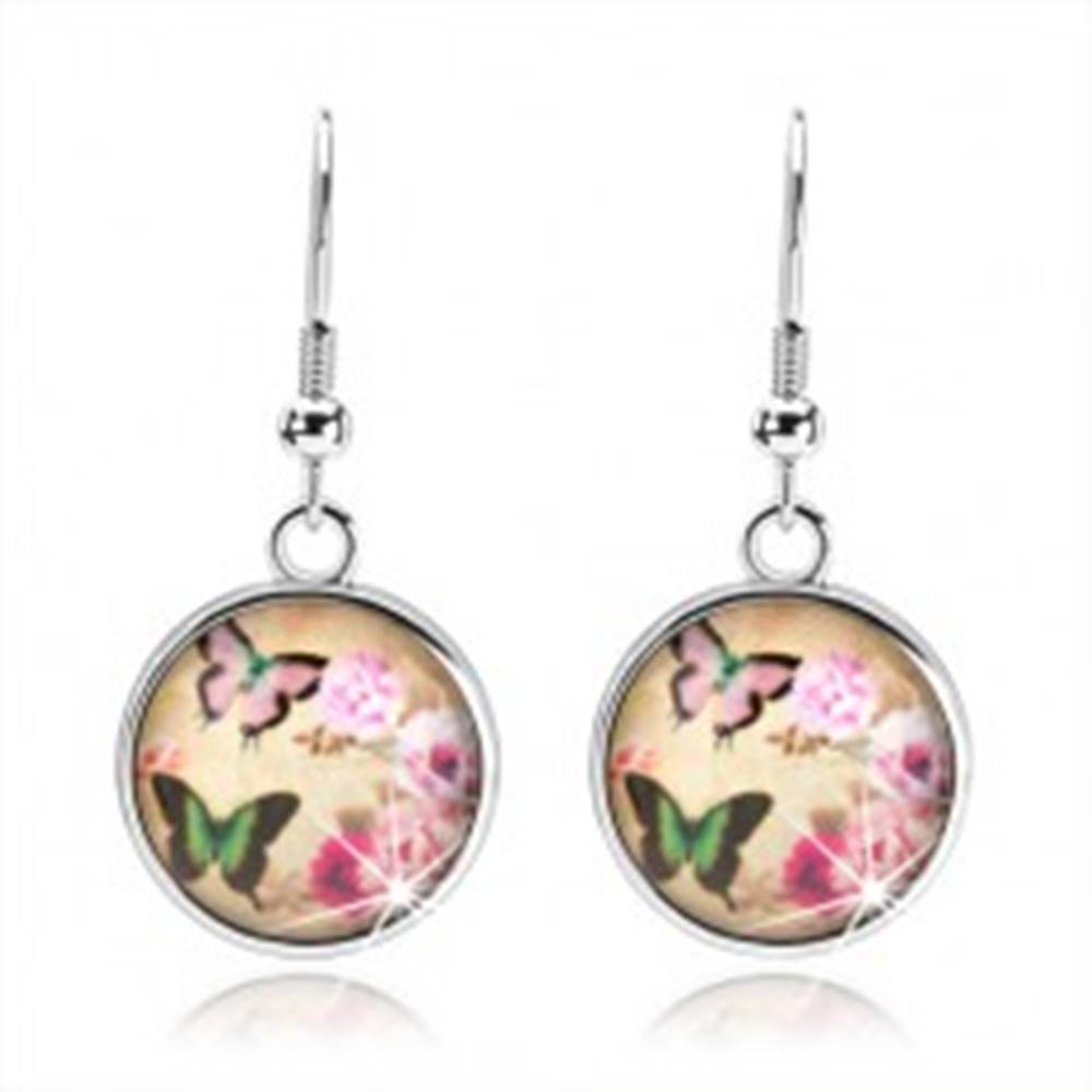Šperky eshop Okrúhle náušnice v štýle cabochon, dva pestrofarebné motýle, ružové kvety