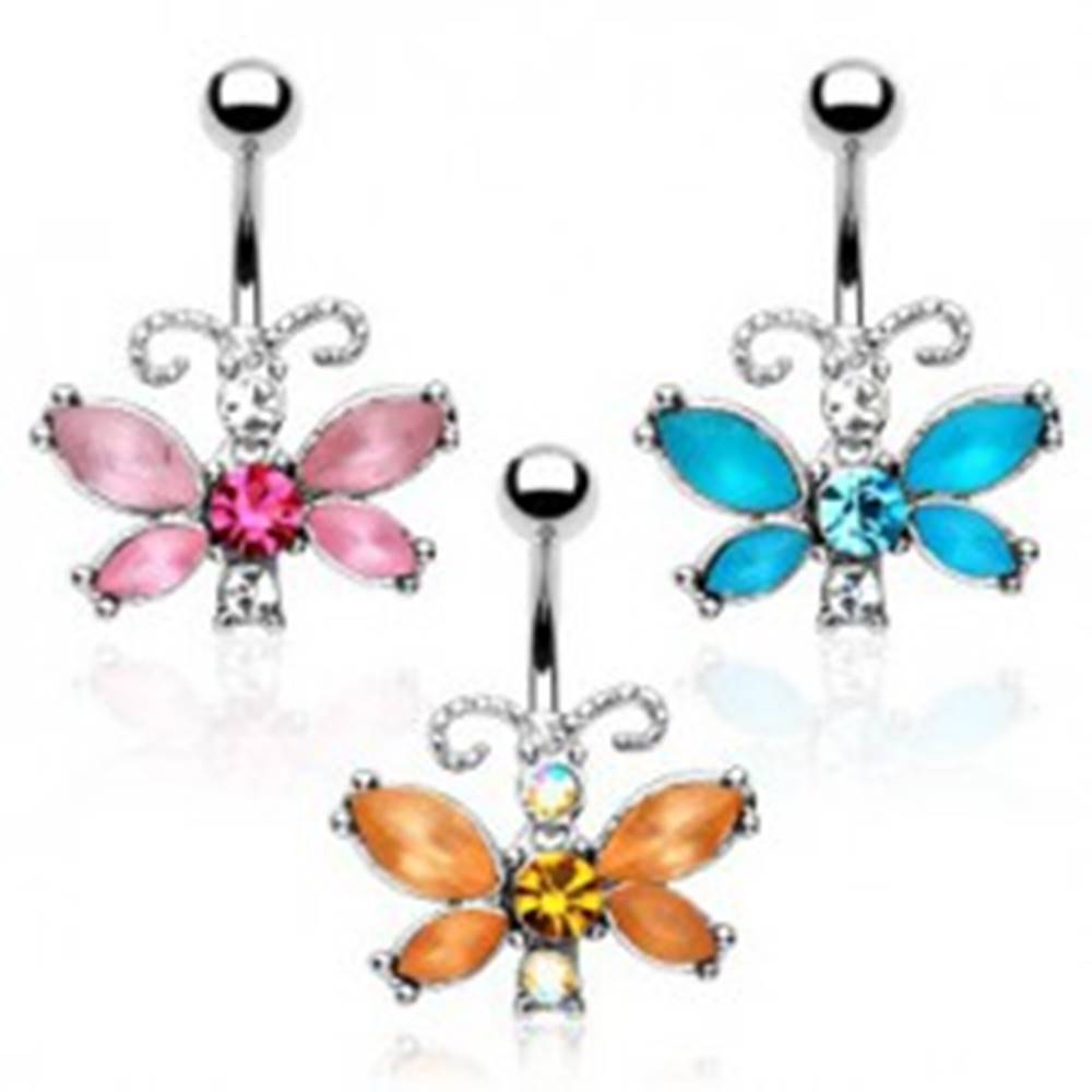 Šperky eshop Piercing do bruška - motýľ, farebné zirkóny, členité tykadlá - Farba zirkónu: Aqua modrá - Q
