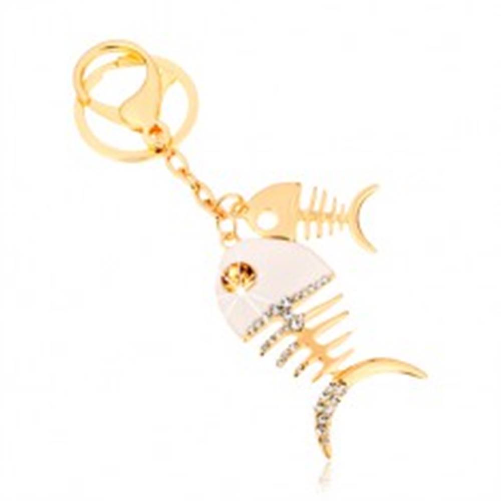 Šperky eshop Prívesok na kľúče v zlatom odtieni, dve lesklé rybie kosti, biela glazúra, zirkóny