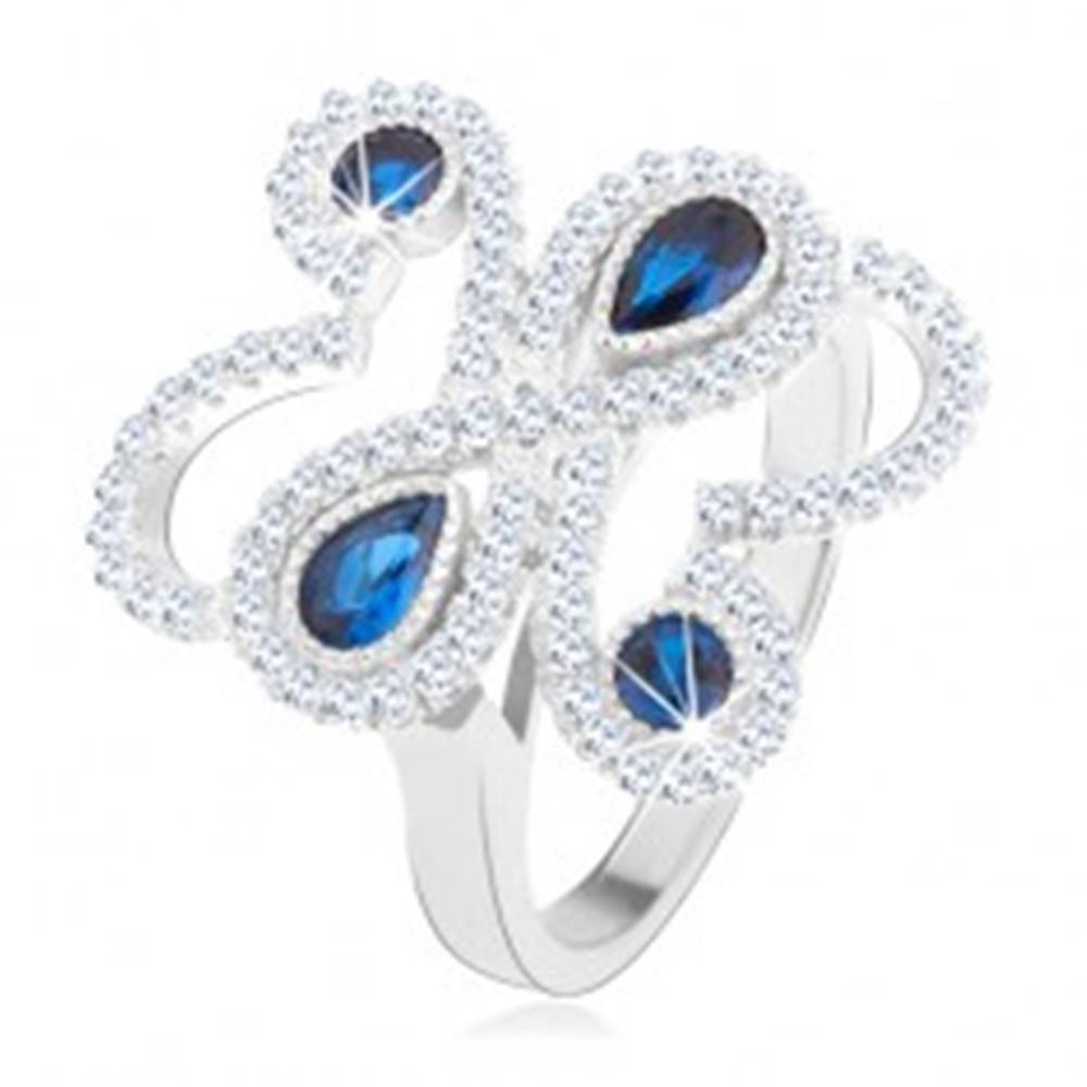 Šperky eshop Prsteň zo striebra 925, ligotavé zvlnené línie, modré zirkóny - Veľkosť: 52 mm