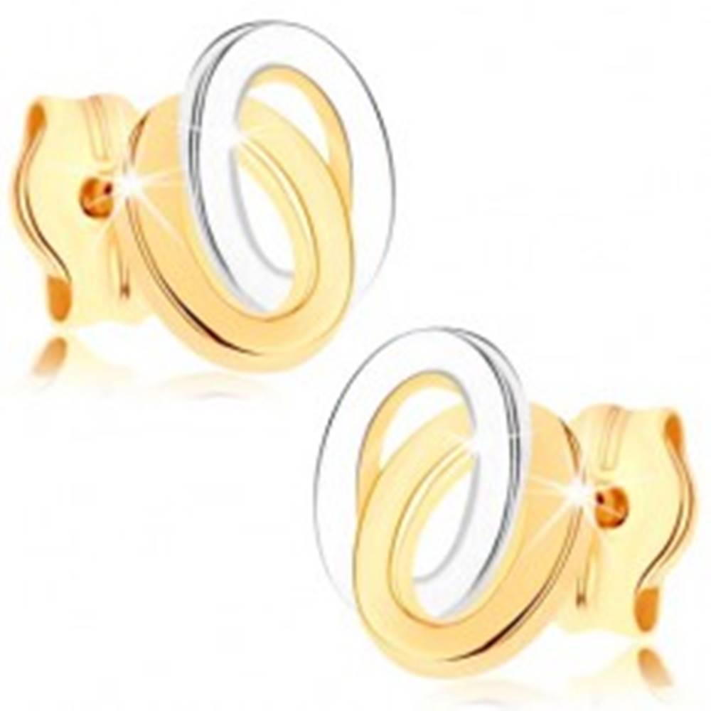 Šperky eshop Puzetové náušnice zo žltého 9K zlata - dvojfarebné prepojené elipsy