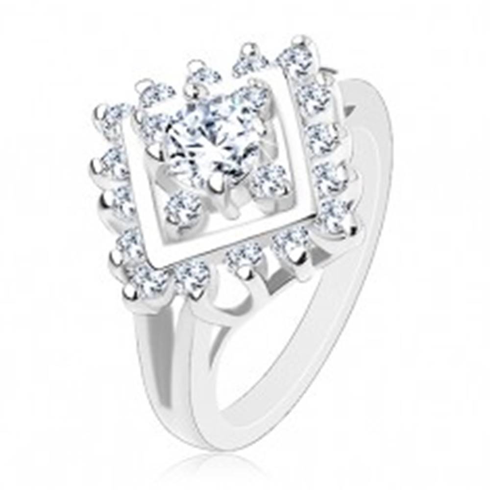 Šperky eshop Trblietavý prsteň s rozdelenými ramenami, okrúhle číre zirkóny v lesklom štvorci - Veľkosť: 53 mm