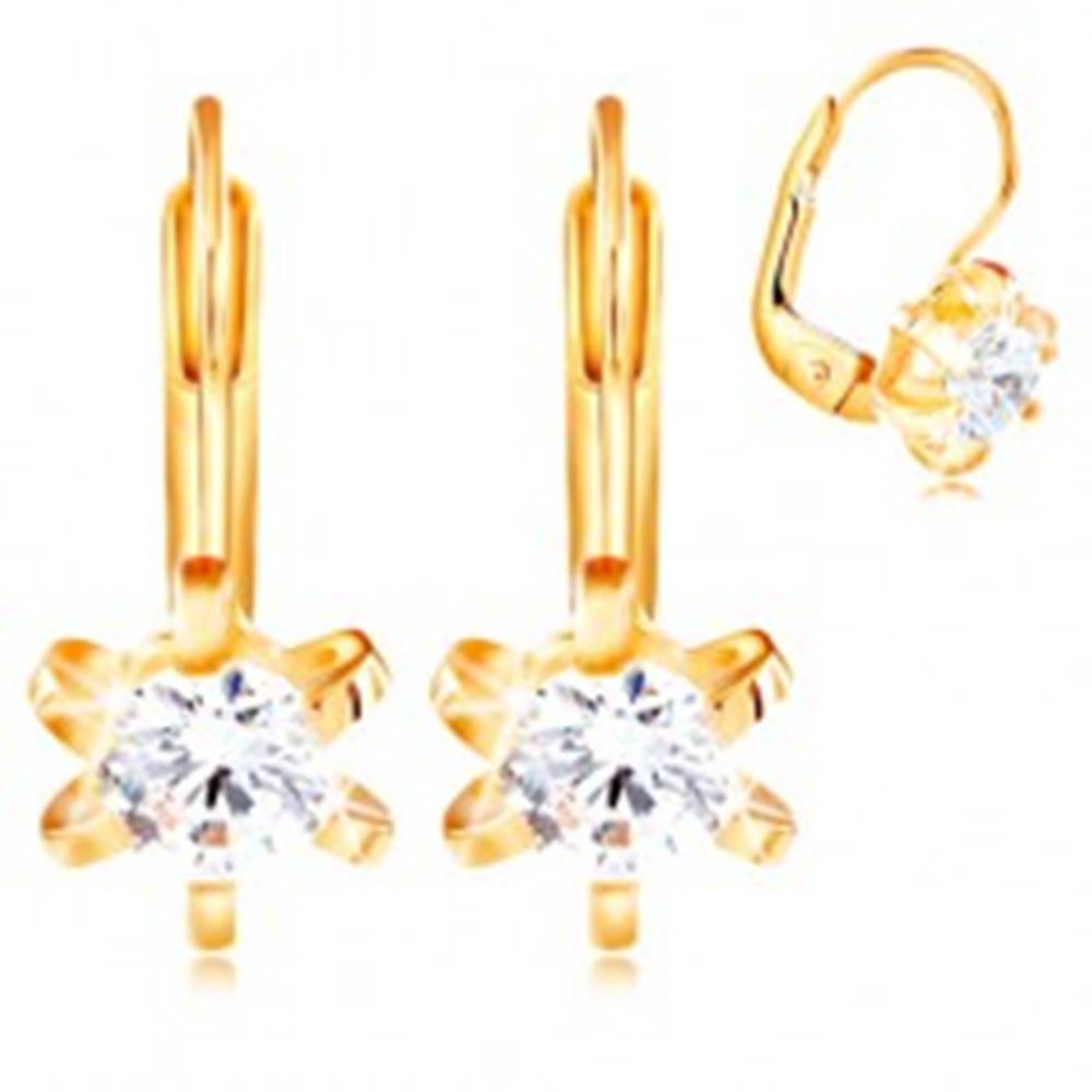 Šperky eshop Zlaté 14K náušnice - kvet s oblými lupeňmi, okrúhly číry zirkón, 4,5 mm