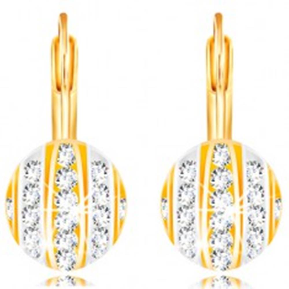 Šperky eshop Zlaté 14K náušnice - polgulička s pásmi bieleho a žltého zlata, číre zirkóny