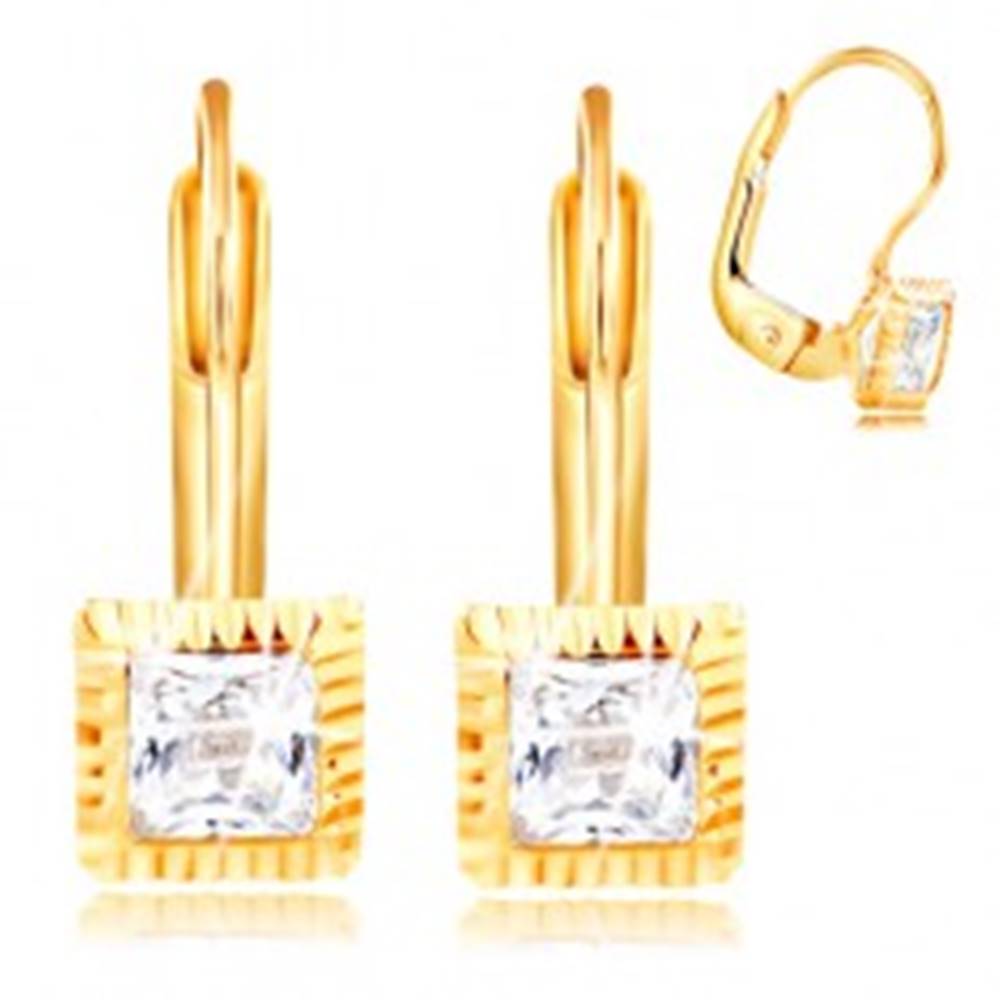 Šperky eshop Zlaté 14K náušnice - štvorcová objímka so zárezmi, brúsený číry zirkón, 3 mm