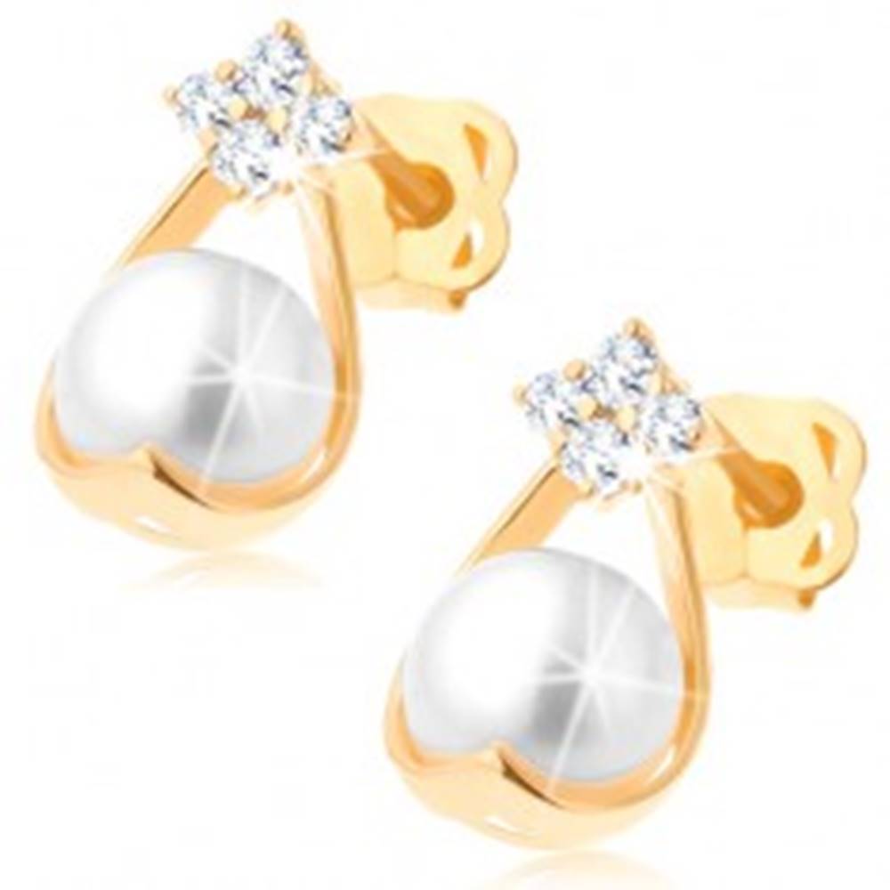 Šperky eshop Zlaté briliantové náušnice 585 - štyri diamanty, kontúra kvapky s bielou perlou