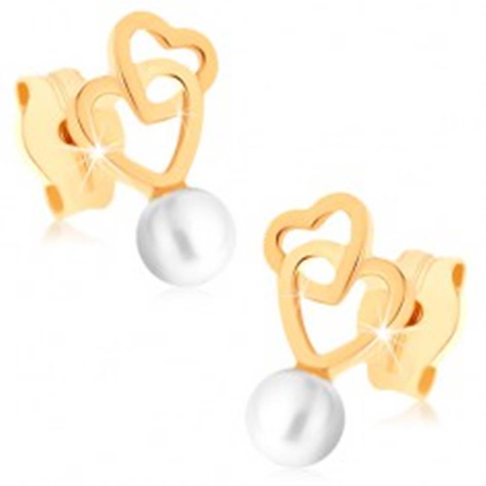 Šperky eshop Zlaté náušnice 375 - dva prepojené obrysy sŕdc, guľatá biela perlička