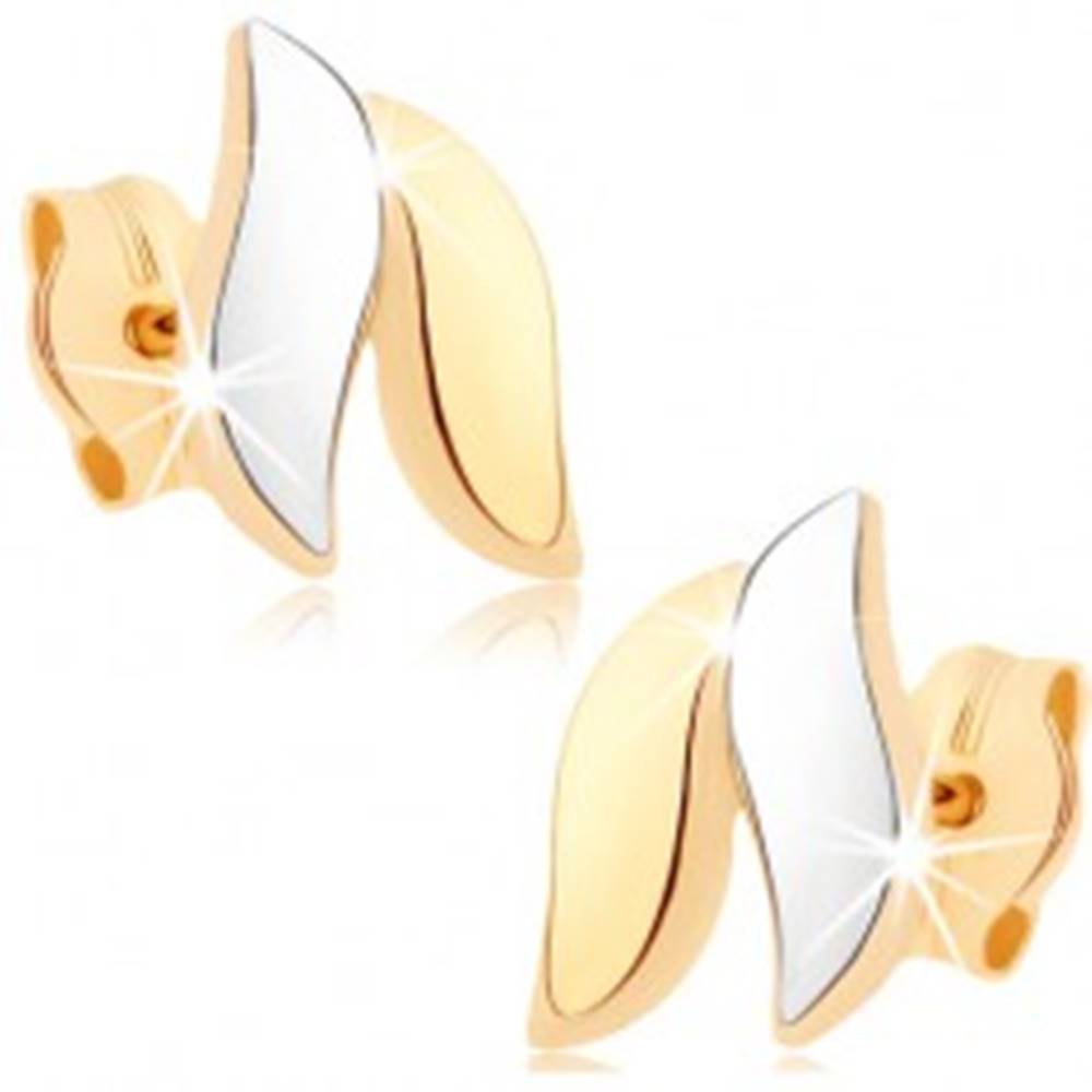 Šperky eshop Zlaté náušnice 375 - lesklé vlnky, zlatá a strieborná farba, puzetky