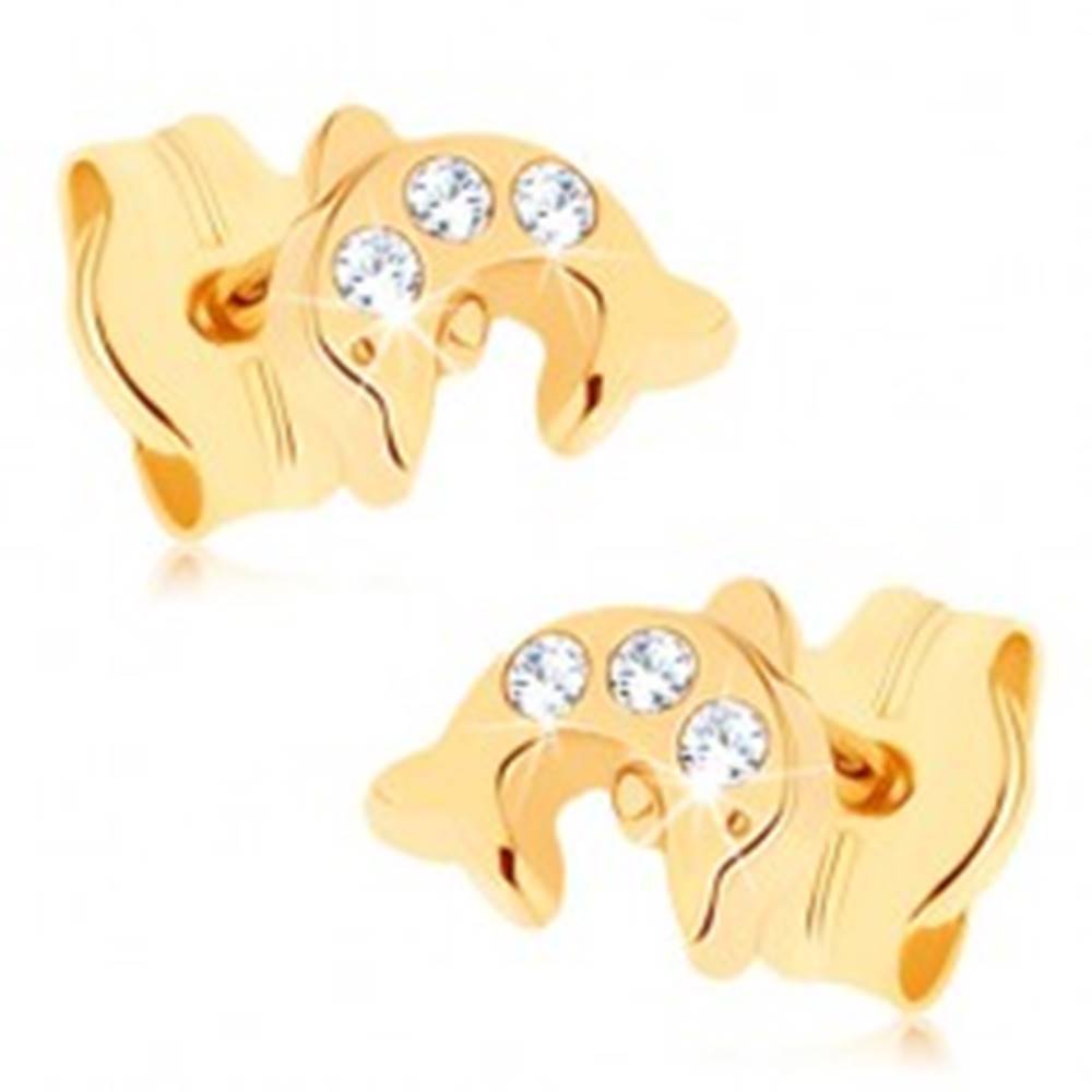 Šperky eshop Zlaté náušnice 375 - lesklý skáčuci delfín, tri okrúhle číre zirkóniky