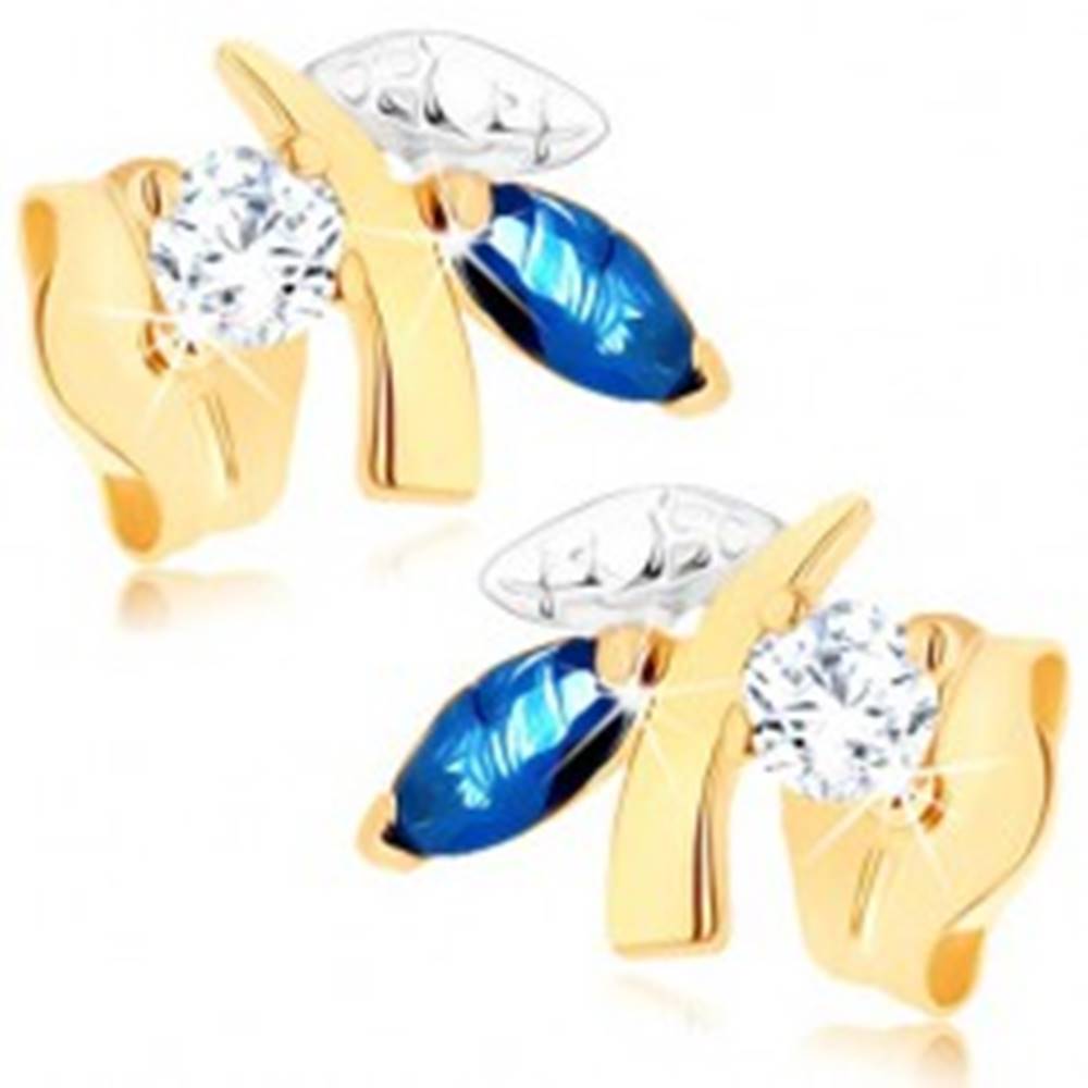 Šperky eshop Zlaté náušnice 375 - ligotavá vetvička s listami, modrý zafír, číry zirkónik