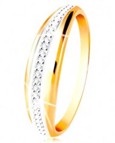 Zlatý 14K prsteň - vypuklý pás s líniou bieleho zlata a čírych zirkónov - Veľkosť: 49 mm