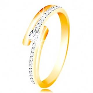 Zlatý prsteň 585 - rozdvojené ramená, vystúpený okrúhly zirkón čírej farby - Veľkosť: 49 mm