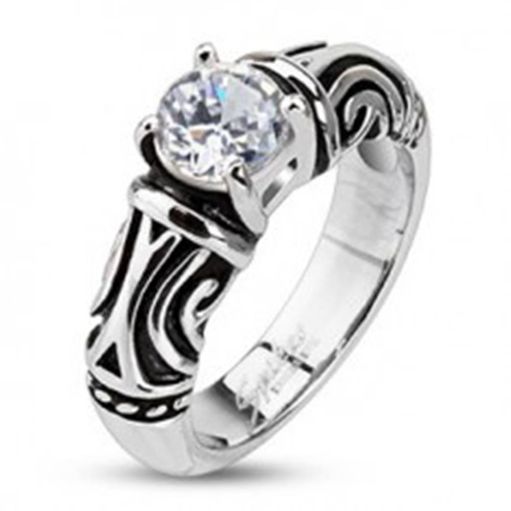 Šperky eshop Oceľový dekoratívny patinovaný prsteň so zirkónom - Veľkosť: 48 mm