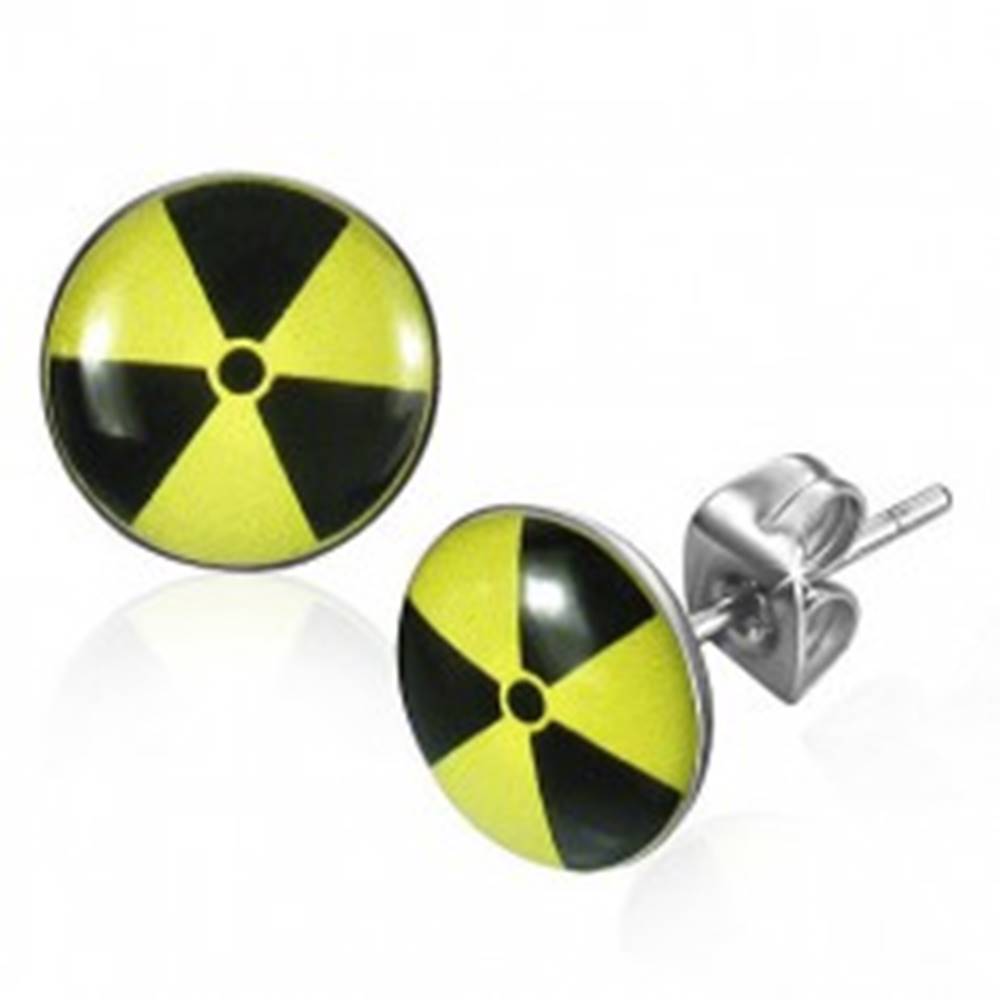 Šperky eshop Okrúhle oceľové náušnice - žltočierny nukleárny symbol