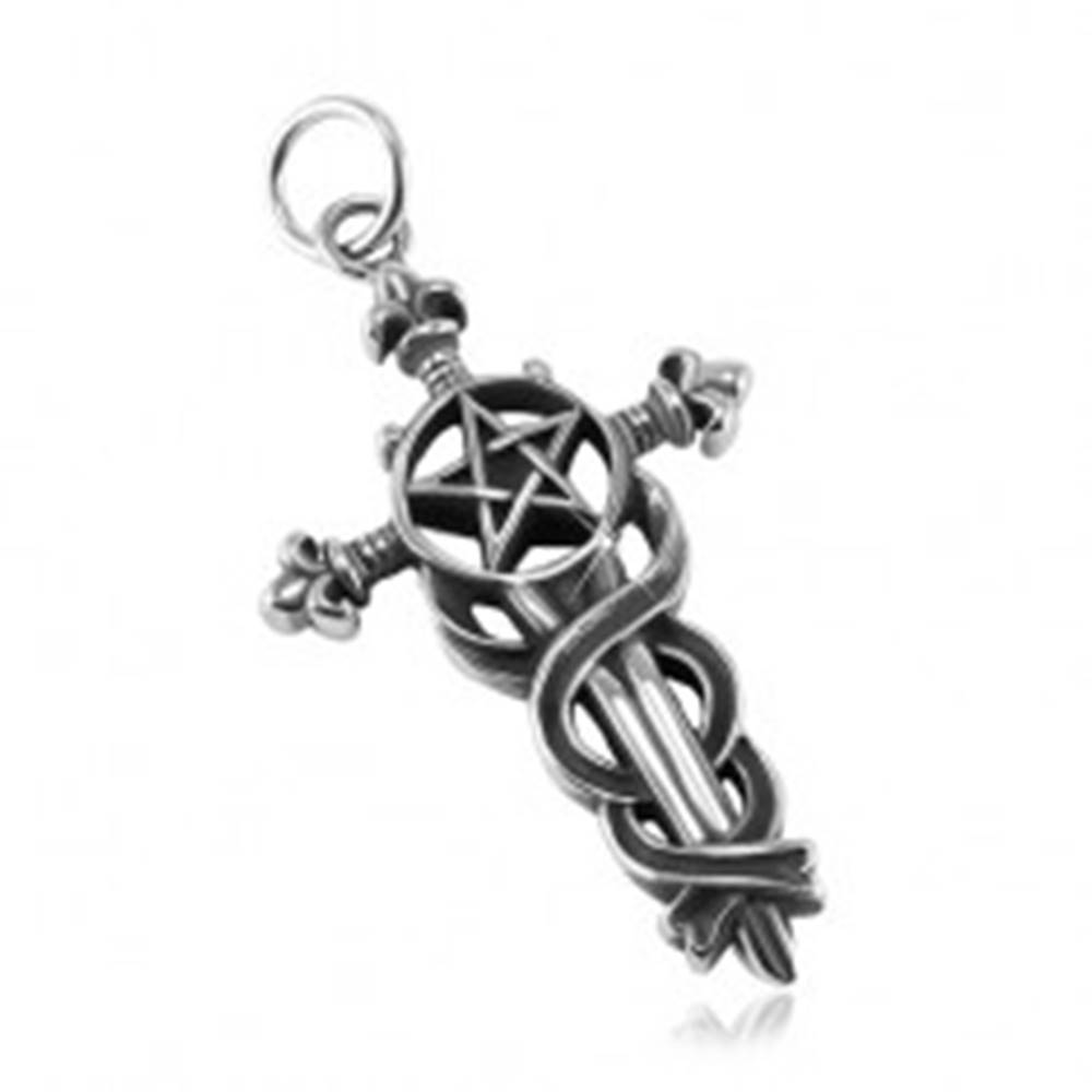 Šperky eshop Patinovaný prívesok, oceľ 316L, veľký ľaliový kríž s hadmi, pentagram
