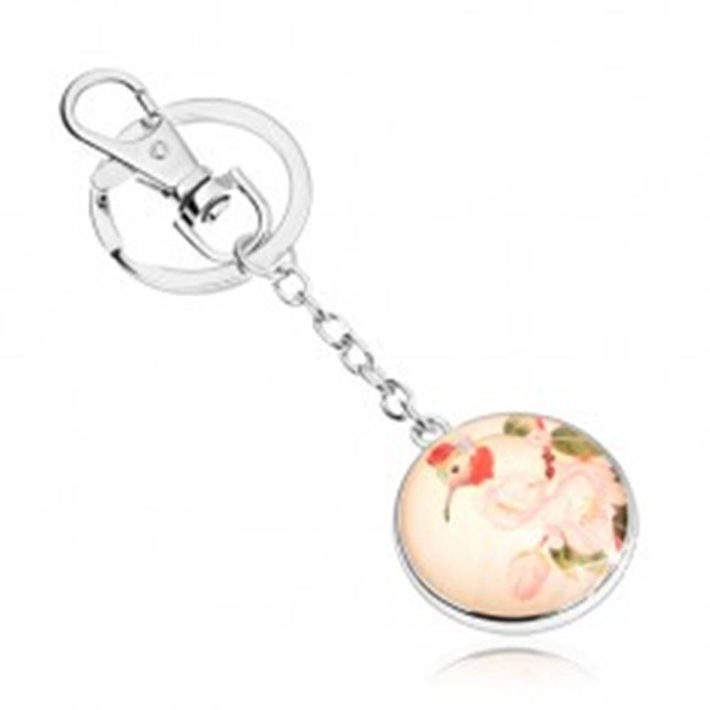 Šperky eshop Prívesok na kľúče v štýle cabochon, kruh s čírym vypuklým sklom, vtáčik, kvety