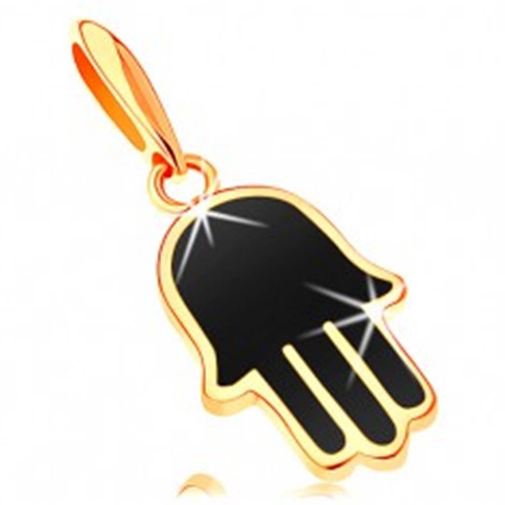 Šperky eshop Prívesok v žltom 14K zlate - ruka Hamsa pokrytá čiernou glazúrou