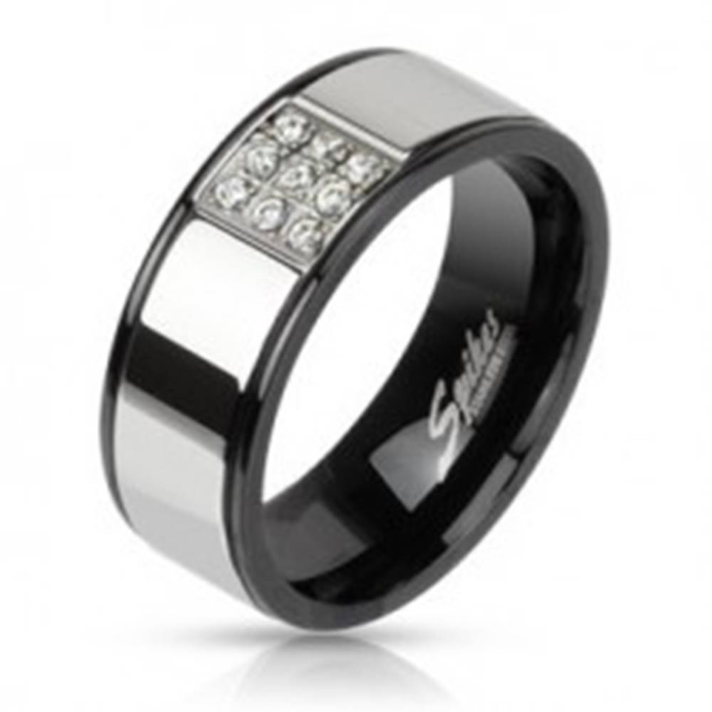 Šperky eshop Prsteň z ocele striebornej farby s čiernymi okrajmi, zirkónový štvorec - Veľkosť: 54 mm