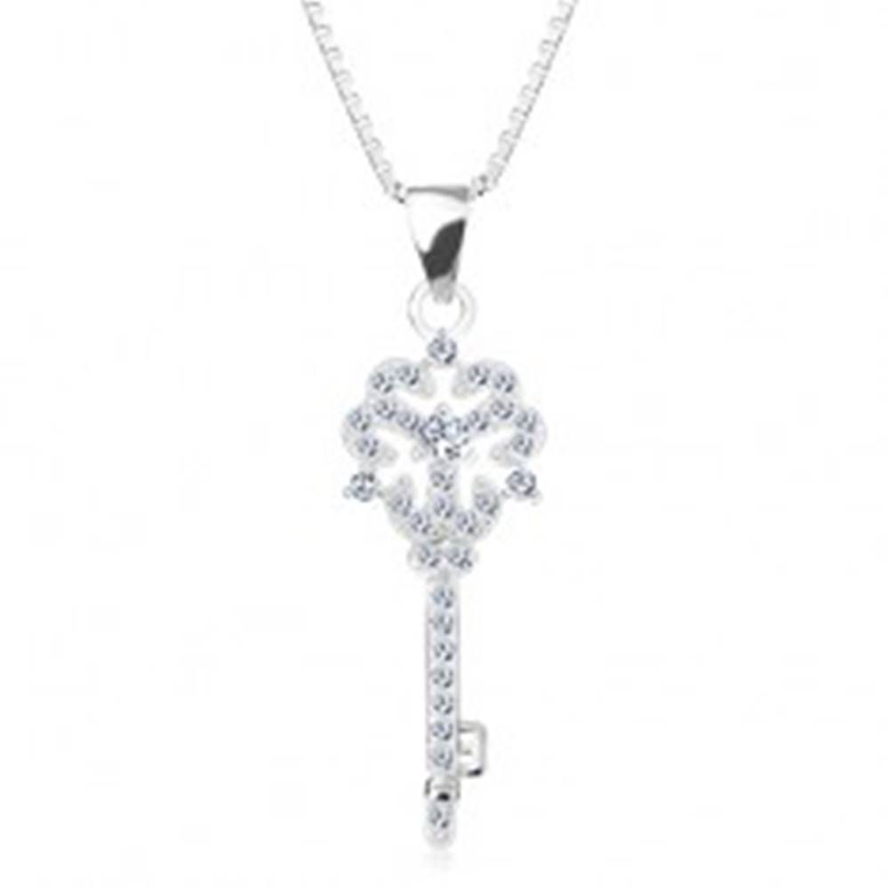 Šperky eshop Strieborný 925 náhrdelník, retiazka s príveskom, kľúčik s kvietkom, číre zirkóny