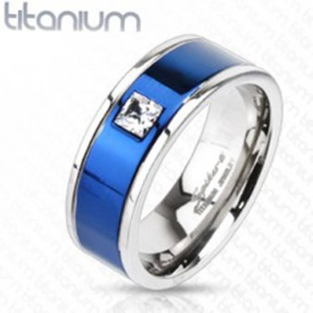 Šperky eshop Titánový prsteň s modrým pruhom a štvorcovým zirkónom - Veľkosť: 49 mm