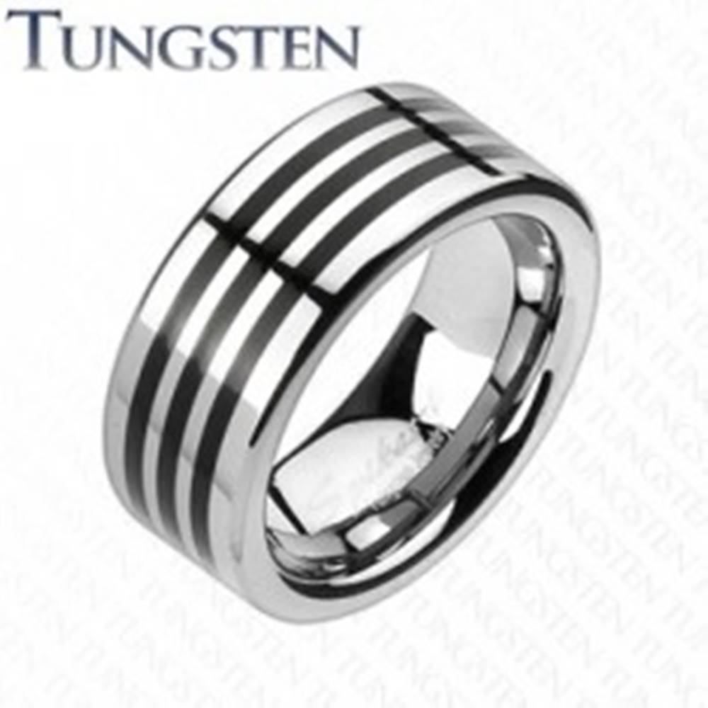 Šperky eshop Tungstenový prsteň s troma čiernymi pásikmi po obvode - Veľkosť: 49 mm
