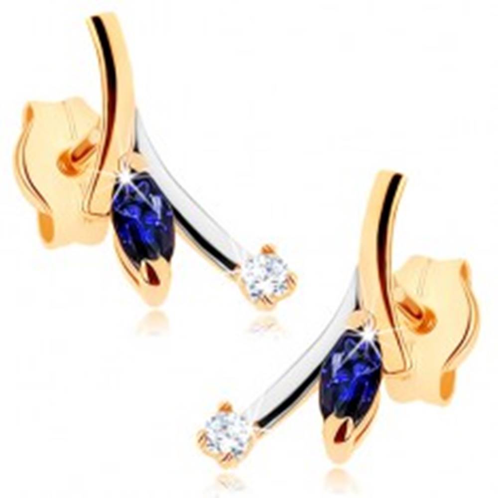 Šperky eshop Zlaté náušnice 375 - modrý zrnkový zafír, číry zirkón, dvojfarebný konárik