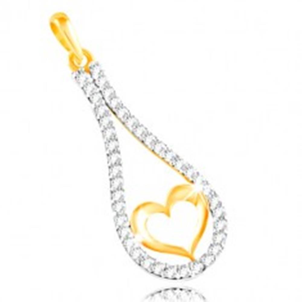 Šperky eshop Zlatý 14K prívesok - obrys srdca v zirkónovej kontúre kvapky