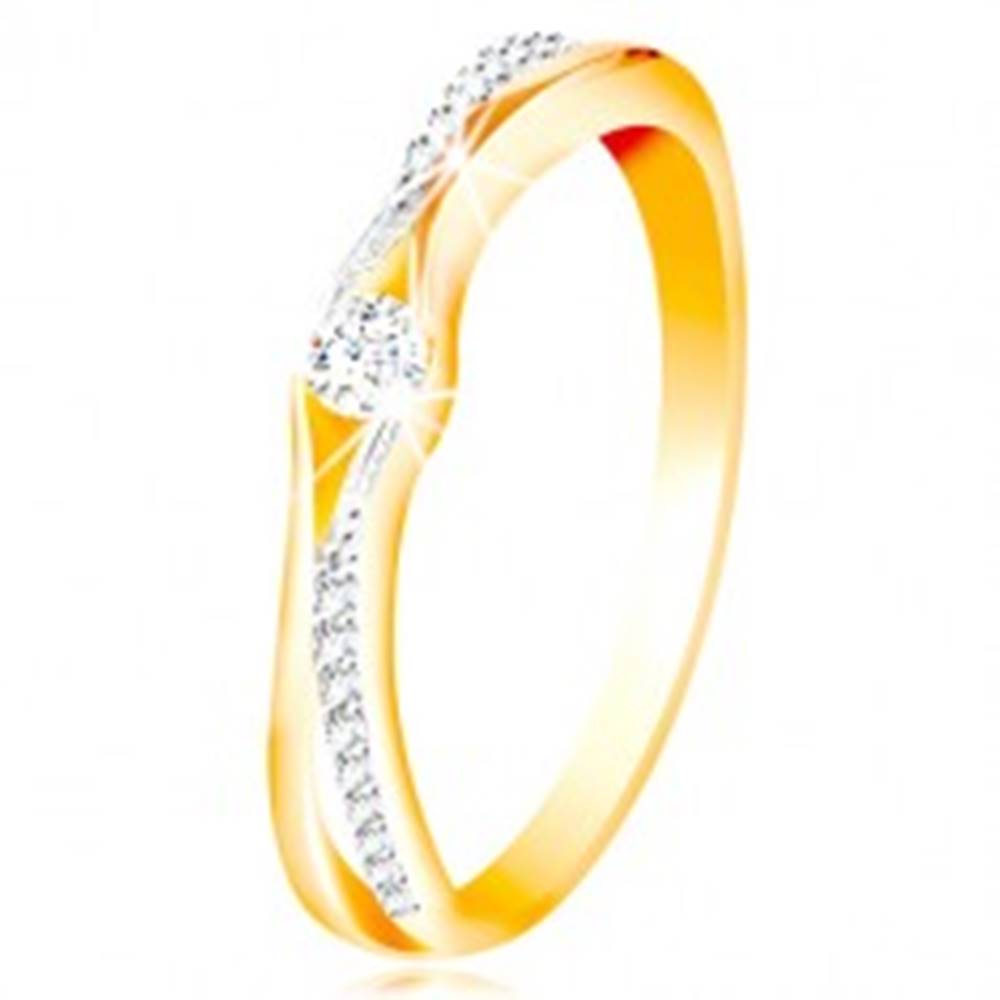 Šperky eshop Zlatý 14K prsteň, rozdelené ramená zo žltého a bieleho zlata, číre zirkóny - Veľkosť: 49 mm