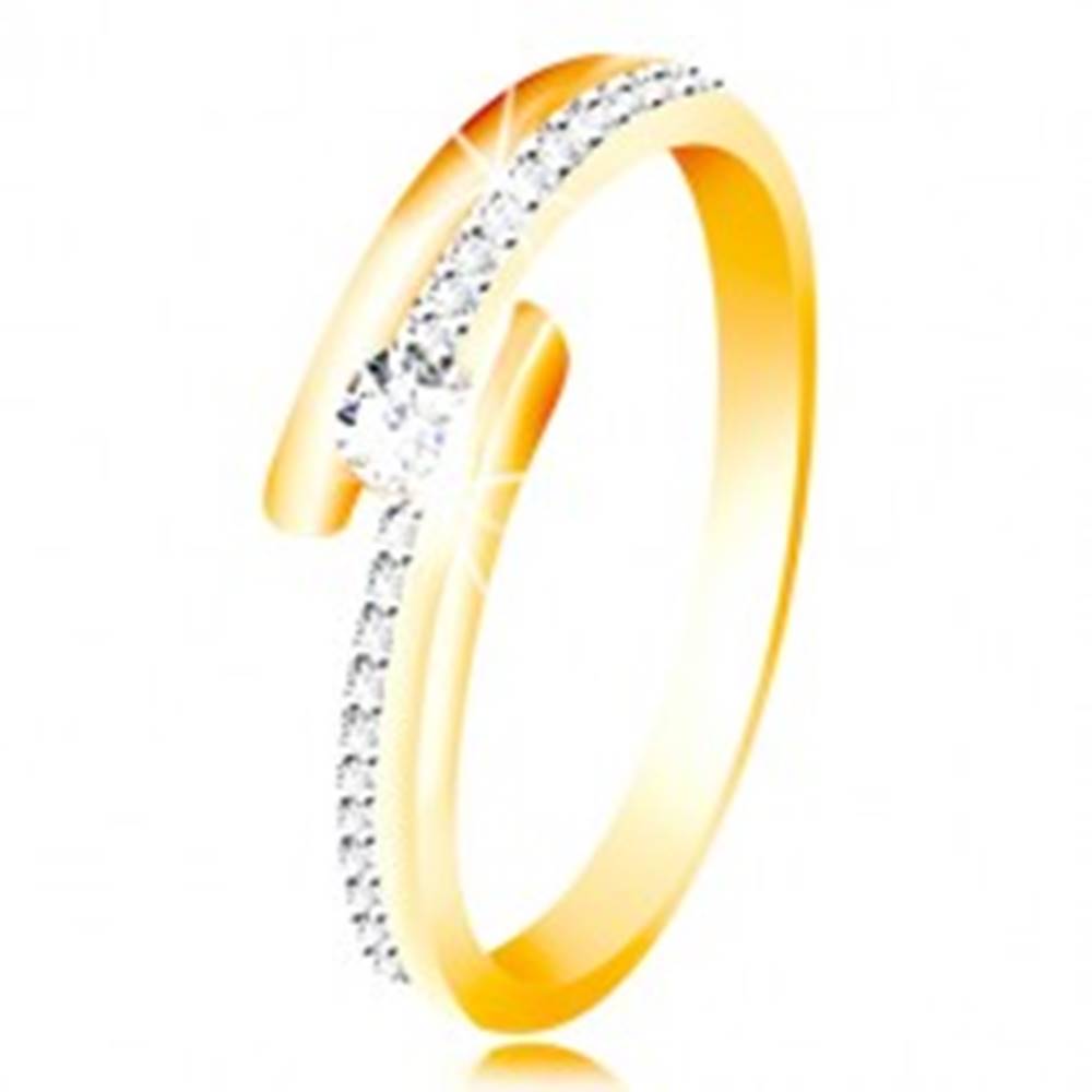 Šperky eshop Zlatý prsteň 585 - rozdvojené ramená, vystúpený okrúhly zirkón čírej farby - Veľkosť: 49 mm