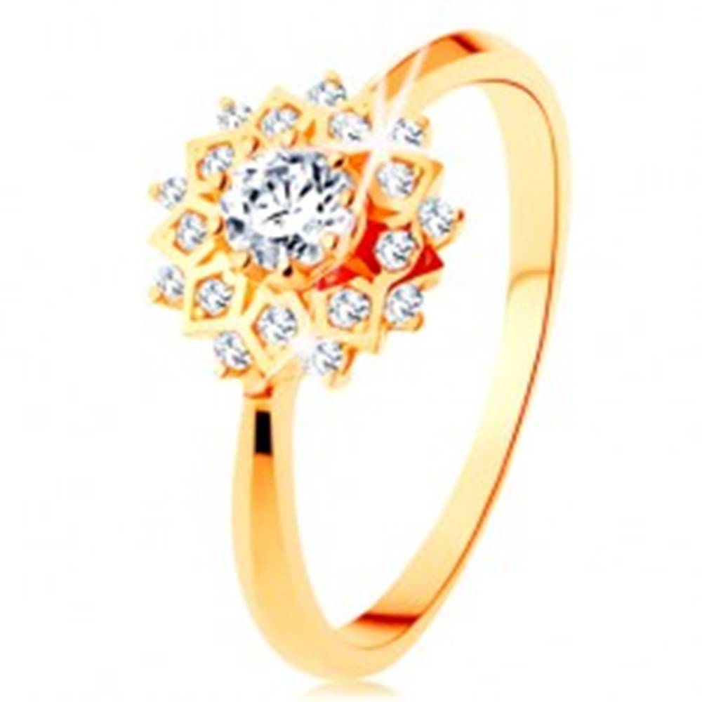 Šperky eshop Zlatý prsteň 585 - trblietavé slnko zdobené okrúhlymi čírymi zirkónikmi - Veľkosť: 49 mm